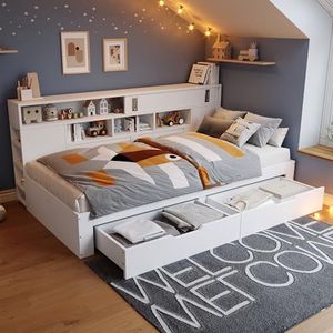 boorbin Dagbed, kinderbed, eenpersoonsbed, multifunctioneel kinderbed met laden, boekenplank en opbergkast, bedlade met opbergruimte, wit (140 x 200 cm)