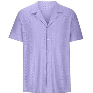 UBOHUZ Mannen Korte Mouw Shirt Zomer Mannelijke Turn Down Kraag Effen Kleur Business Shirt Tops Mannen Casual Drape Uitgesneden Kant voor Vrije tijd, Paars, 3XL