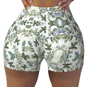 Unkhtt Groene Eucalyptus Bladeren Print Workout Gym Korte Vrouwen Zomer Comfortabele Stretch Yoga Shorts Dagelijks Cacual Wear, Zwart, S