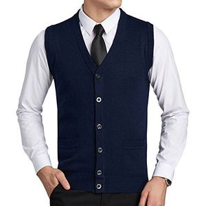 FULIER Heren Wol V-hals Gilet Mouwloos Vest Vest Klassieke Gentleman Knitwear Vesten Gebreide Trui Tank Tops met Knopen, marineblauw, M