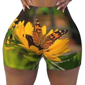 ELRoal Dames sport elastische shorts zonnebloem vlinder afdrukken vrouwen workout shorts ademend en sneldrogend yoga shorts, Zwart, S-3XL Short