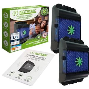Isotronic Knaagdierverjager op batterijen, tegen muizen, ratten, marters, relmuizen, wasberen en vossen, zachte afschrikking met ultrasone golven en blauw ledlicht, (2)