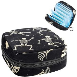 Opbergtas voor maandverband, Halloween dansen skelet grappig patroon draagbare menstruatie pad tas, inlegkruisjes tampons maandverband opslag houder voor vrouwen school kantoor