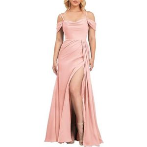 YIANN Dames chiffon koude schouder bruidsmeisjes jurken voor vrouwen met split geplooide lange formele avondjurk, Blush Roze, 46 grote maten