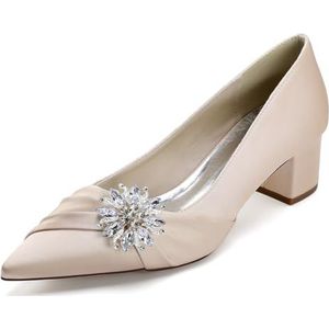 KYEGLO Dames Bruidsschoenen Met Spitse Neus Van Satijn, Gesloten Neus, Instapmodel Met Korte Hakken En Strass-Steentjes, Comfortabele Schoenen Voor Wandelen En Dagelijks Gebruik,Champagne,36