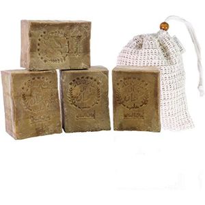 TUMELO Originele Aleppo Zeep 4 x 200g (800g) 80% Olijfolie 20% Laurierolie + Zeepzakje - Handgemaakte olijfoliezeep - Natuurlijke zeep - Vaste haarzeep/Douchzeep