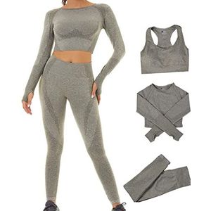 Donykarry 3-delige gymsets voor dames. Naadloos trainingspak voor dames, volledige set voor training, hardlopen of yoga. Sportkleding legging en stretch sportbeha, jumpsuit set, Celadon, L