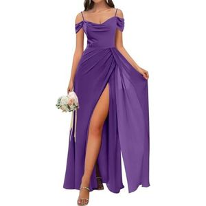WSEYU Chiffon Bruidsmeisjes Jurken Spaghetti Bandjes Prom Jurken Koude Schouder Formele Avond Party Gown ZM202, Paars, 32