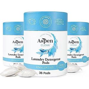 Ongeparfumeerde waspods van AspenClean, nieuwe en verbeterde verpakking, geen plastic, veganistisch, hypoallergeen natuurlijk wasmiddel, EWG Verified™ - 36 stuks (3 stuks)