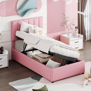 Aunvla Kinderbed, gestoffeerd bed, 90 x 200 cm, hydraulisch opbergbed, huidvriendelijk linnen stapelbed, roze
