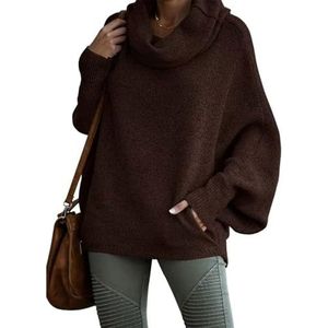 Dames Coltrui Met Vleermuismouwen, Oversized, Grof Gebreide Kabeltrui Met Losse Pasvorm(Dark brown,XXL)