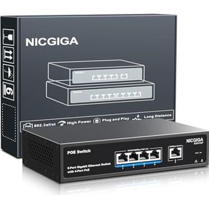 4-poorts Gigabit PoE-switch, onbeheerd, met 4-poorts IEEE802.3af/at PoE bij 78 W, 1 x 1000 Mbps uplink, NICGIGA 5-poorts netwerk-Power over Ethernet-switch, VLAN-modus, desktop-/wandmontage.