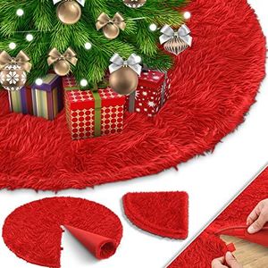 KESSER® Kerstboomdeken, dennenboomdeken, kerstboomdeken, kunstbont, Ø 90 cm, rond tapijt, vilt, pluche voor sneeuw, kerstboom, decoratie, rood