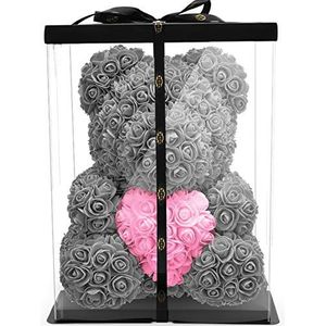 NADIR Rozenbeer met hart/inclusief voorverpakte geschenkdoos grootte/rozenbeer met geschenkdoos / Valentijnsdag Moederdag verjaardag jubilea (grijs, 40 cm)