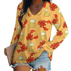 Bier en rivierkreeft nieuwigheid vrouwen blouse tops V-hals tuniek t-shirt voor legging lange mouw casual trui
