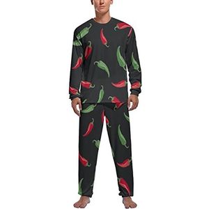 Rode en groene paprika's zachte heren pyjama set comfortabele lange mouwen loungewear top en broek geschenken S