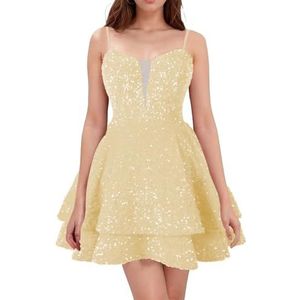 WSEYU Spaghetti Bandjes Homecoming Jurken Korte Sprankelende Pailletten Bruidsmeisje Afstuderen Cocktail Party Prom Gown ZM290, Champagne, 32