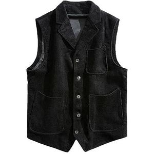 Dvbfufv Herenvest van corduroy, tweed vest met eenvoudige rij knopen, 3 zakken, vintage bruiloftsvest, zwart, S