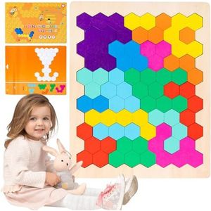 Houten blokpuzzel, tangrampuzzels voor kinderen, Tangram-puzzel, Honingraatblokkenspel, geometrie zeshoekig patroonblok honingraatpuzzelspeelgoed voor 4 5 6 jaar oude kinderen Irawo