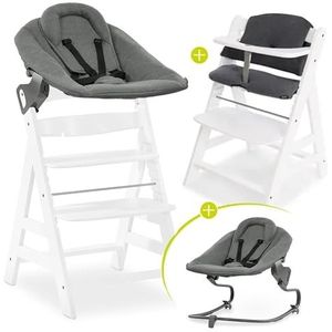 hauck Alpha Plus Newborn Set met Premium Bouncer Dark Grey - houten babystoel vanaf de geboorte met ligfunctie - extra plat opzetstuk voor pasgeborenen en katoenen zitkussen - wit