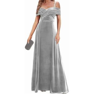 Fluwelen Bruidsmeisjes Jurken Spaghetti Bandjes Prom Jurken Koude Schouder Formele Avond Party Gown ZM191xin, Zilver, 32