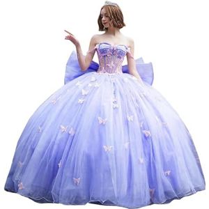 Fuomomo Quinceanera-jurk met dunne bandjes en vlinderglitter, Quinceanera-jurk met vlinders en grote strik, baljurk van kant met parels MT053, Lavendel, 30 NL