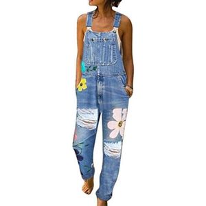 Dames tuinbroek van denim, overall met bloemenprint, jumpsuit, baggy jeans