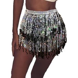 Bufenia Dames buikdans heuprok kwastje pailletten heupsjaal bandjes wrap rave rokken Halloween kostuum club festival, Zilver Zwart, One size