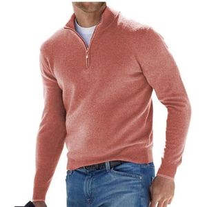 Heren kasjmier rits basic trui, heren poloshirt, klassiek, heren V-hals trui, lange mouwen, soft touch, kwart rits (roze, 3XL)