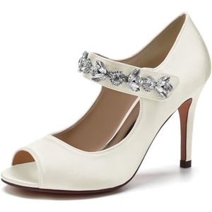 SYDZSW Bruiloftsschoenen Ivoor Hak Naald Satijn Hoge Hakken Bruidsschoenen Sandaal Bruidsschoenen Bruidsband met Strass 35-43, Ivoor, 35 EU