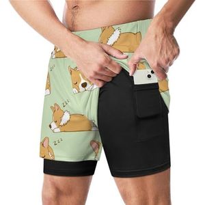 Corgi Hond Slapen Grappige Zwembroek met Compressie Liner & Pocket Voor Mannen Board Zwemmen Sport Shorts