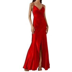 Satijnen bruidsmeisjes jurken spaghettibandjes V-hals geplooide formele avondjurken met split, Rood, 36