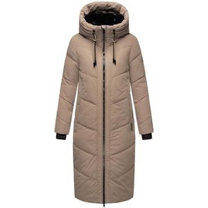 MARIKOO Winterjas, Nadaree XVI, winterjas voor dames, warm, gewatteerd, lang, met capuchon en afneembare kraag van imitatiebont, maten XS-XXL, Taupe grijs, S