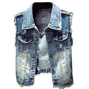 ShiFanA Vest zonder mouwen dames casual gescheurd jeansvest denim jas kort, blauw, XL