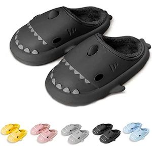 Chagoo Shark Slides voor de winter, pluizige pluche haaienslijbanen, winterslippers met haaien, antislip, zachte comfortabele wolkhaaienpantoffels (EU 42/43, donkergrijs)