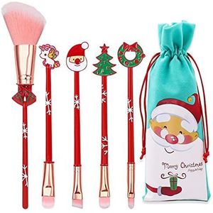 Xmas make-upborstelset, 5-delige make-upborstels met kerstcartoon Santa Elk kerstboomhandvat voor blush, wenkbrauw, oogschaduw, lippen