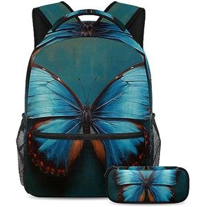 Vintage blauwe vlinder rugzak met etui, 2 stuks kind schooltas set voor jongens meisjes tieners, reizen boekentas voor studenten, Meerkleurig, B：29.4x20x40cm P：19x7.5x3.8cm, Rugzakken