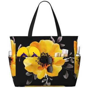 Gele Bloem Print Tote Bag Vrouwen Grote Schoudertas Hobo Tassen Werk Reizen College Casual Tote Handtas, Zwart, Eén maat