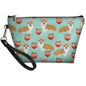 SEANATIVE Rits make-up tassen PU lederen cosmetische toilettas borstel houder met handvat schattig corgi perzik patroon