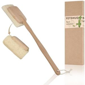 Natuurlijke luffa met handvat (1 stuk), rugscrubber voor douche exfoliërende luffa op een stok met lang afneembaar houten handvat voor mannen en vrouwen