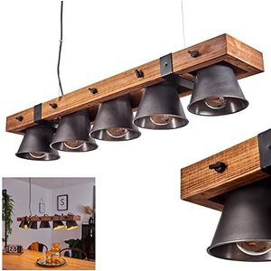 Hanglamp Aduard, hanglamp van metaal/hout in zwart/bruin in industrieel design, hanglamp met verstelbare kappen en houten balken, hoogte max. 108 cm, 5 lampen, 5 x E27, zonder gloeilamp
