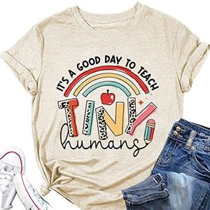 It's A Good Day to Teach Tiny Humans T-Shirt Vrouwen Zomer Leuke Regenboog Apple Potlood Print Tees Leraren Dag Gift Tops, Beige, XL