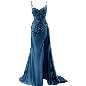 KURFACE Satijnen galajurken voor dames met split kant applicatie spaghettibandjes beroemdheden optocht jurk formele jurk, Pauw, 32