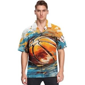 KAAVIYO Blauwe Hand Tekening Basketbal Shirts Voor Mannen Korte Mouw Button Down Hawaiiaanse Shirt voor Zomer Strand, Patroon, XL