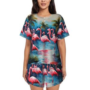 YJxoZH Veel Flamingo's Schilderen Print Vrouwen Zomer Pyjama Sets Nachtkleding Dames Korte Mouw Nachtkleding Pjs Lounge Met Zakken, Zwart, 3XL