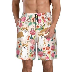 JIAWUJYNB Corgi strandshorts voor heren, met bloemenprint en bloemen, lentetuinprint, lichtgewicht, sneldrogend, met trekkoord en zakken, Wit, L