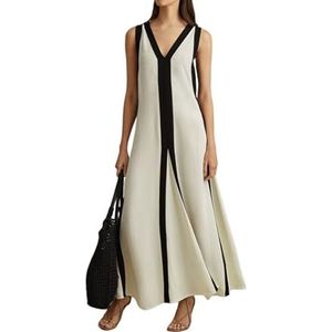 Casual jurken for dames, elegant gepatcht, contrasterende casual jurken, sexy mouwloze midi-jurken met V-hals(Size:M)