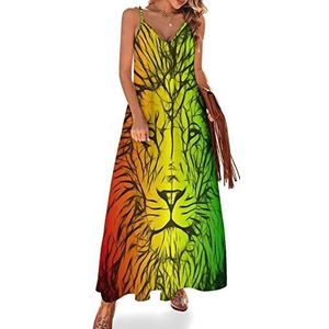 Rasta Lion Maxi-jurk voor dames, zomer, V-hals, mouwloos, spaghettibandjes, lange jurk
