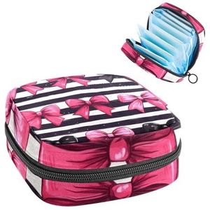 1 x maandverband, opbergtas, grote maandverband, organizer, herbruikbare eerste menstruatietas voor meisjes, dames, 17 x 17 x 12 cm, schattige roze en zwarte strikken op gestreepte achtergrond