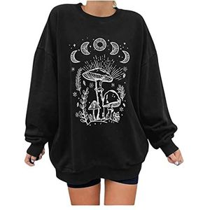 Women's Blouse Starry Sky, Sun, Moon, Mushroom Printed T-shirt Mysterious Third Eye, Long Sleeve Sweater (Color : Nero, Size : L)